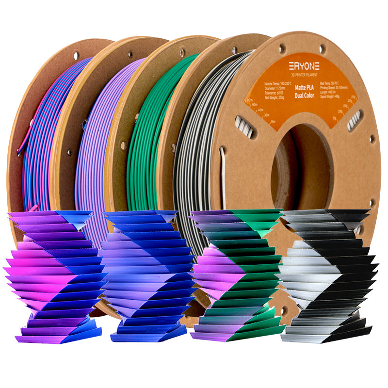 Pre-sale ERYONE 4 ROLLEN/250 g (insgesamt 1 kg/2,2 lbs) 1,75 mm mattes zweifarbiges PLA-Filament, Genauigkeit +/- 0,03 mm (Gelb & Lila; Blau & Gelb; Bule & Lila; Grün & Lila)-MOQ:20 Rolls