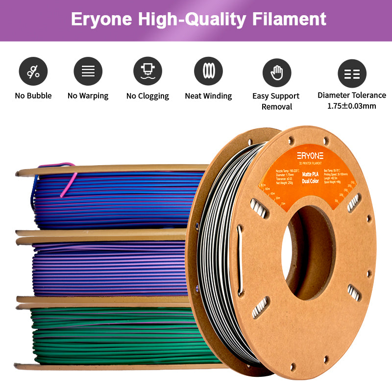 Pre-sale ERYONE 4 ROLLEN/250 g (insgesamt 1 kg/2,2 lbs) 1,75 mm mattes zweifarbiges PLA-Filament, Genauigkeit +/- 0,03 mm (Gelb & Lila; Blau & Gelb; Bule & Lila; Grün & Lila)-MOQ:20 Rolls