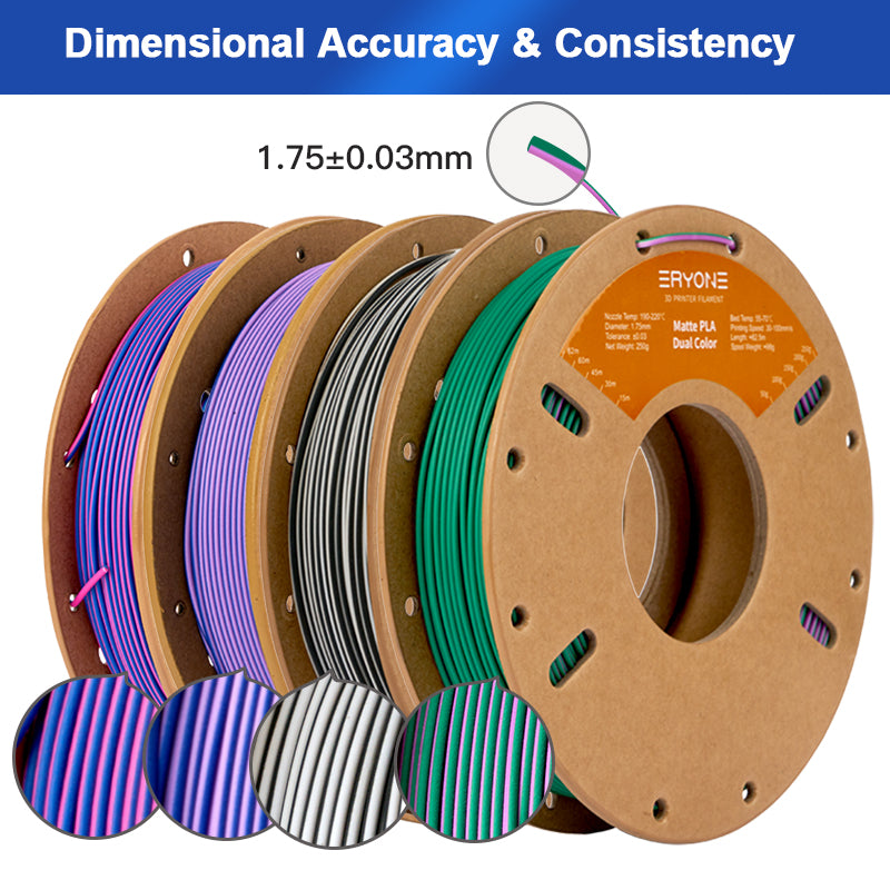 Pre-sale ERYONE 4 ROLLEN/250 g (insgesamt 1 kg/2,2 lbs) 1,75 mm mattes zweifarbiges PLA-Filament, Genauigkeit +/- 0,03 mm (Gelb & Lila; Blau & Gelb; Bule & Lila; Grün & Lila)-MOQ:20 Rolls