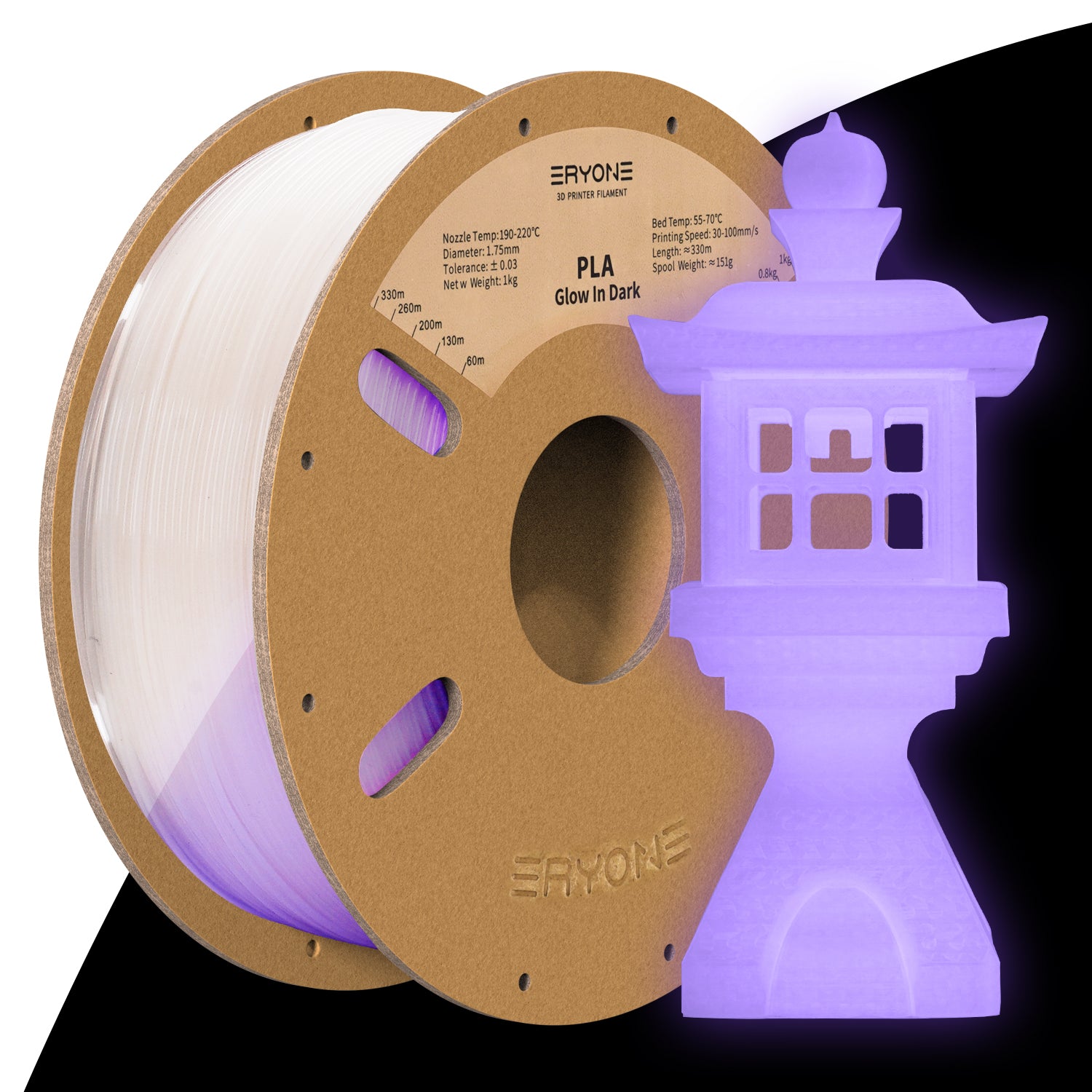 Filament for impressive 3D PLA ERYONE Glow Green in The Dark 1.75mm, dimensional precision +/- 0.05 mm, 1kg (2.2LBS) / bobbin 