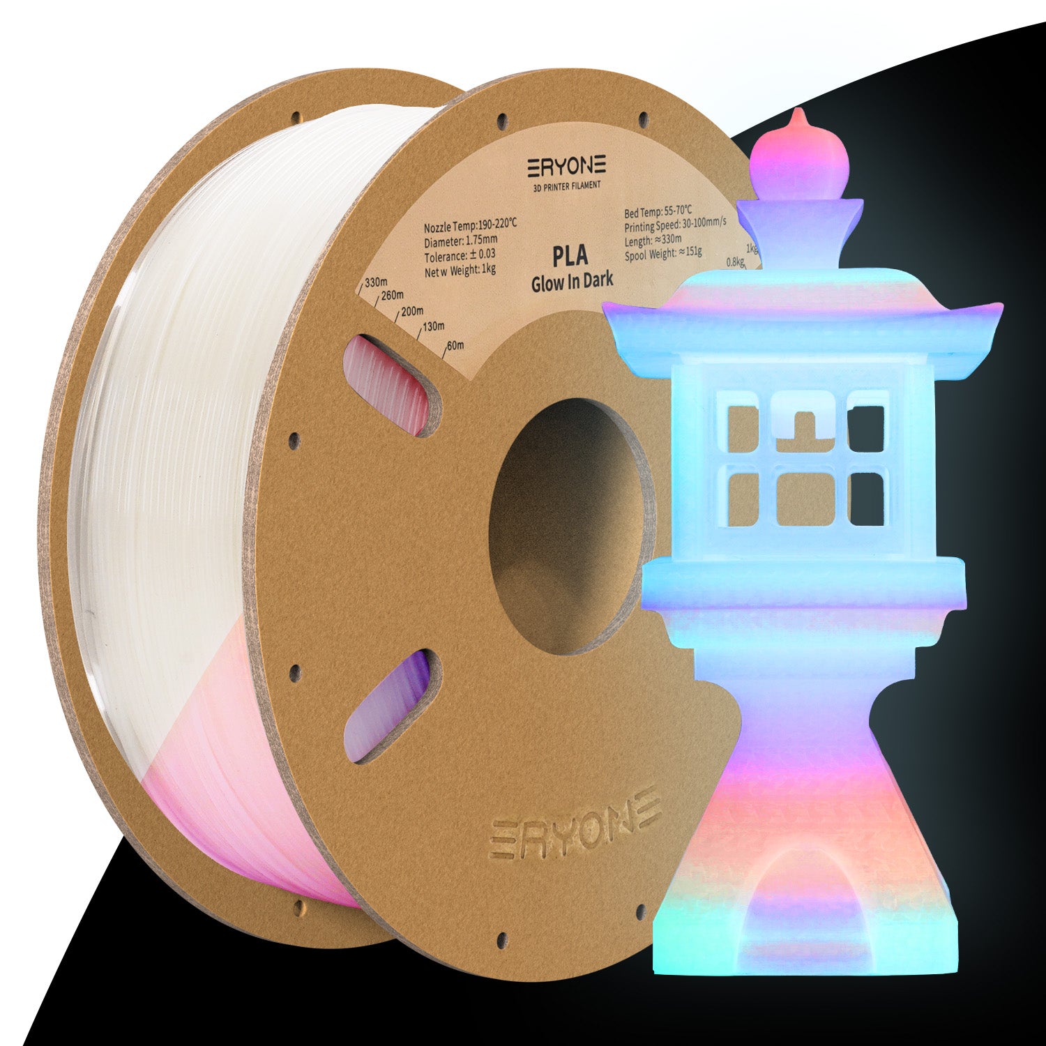 Filament pour imprimante 3D PLA ERYONE Glow Green in The Dark 1.75mm, précision dimensionnelle +/- 0.05 mm, 1kg (2.2LBS) / bobine
