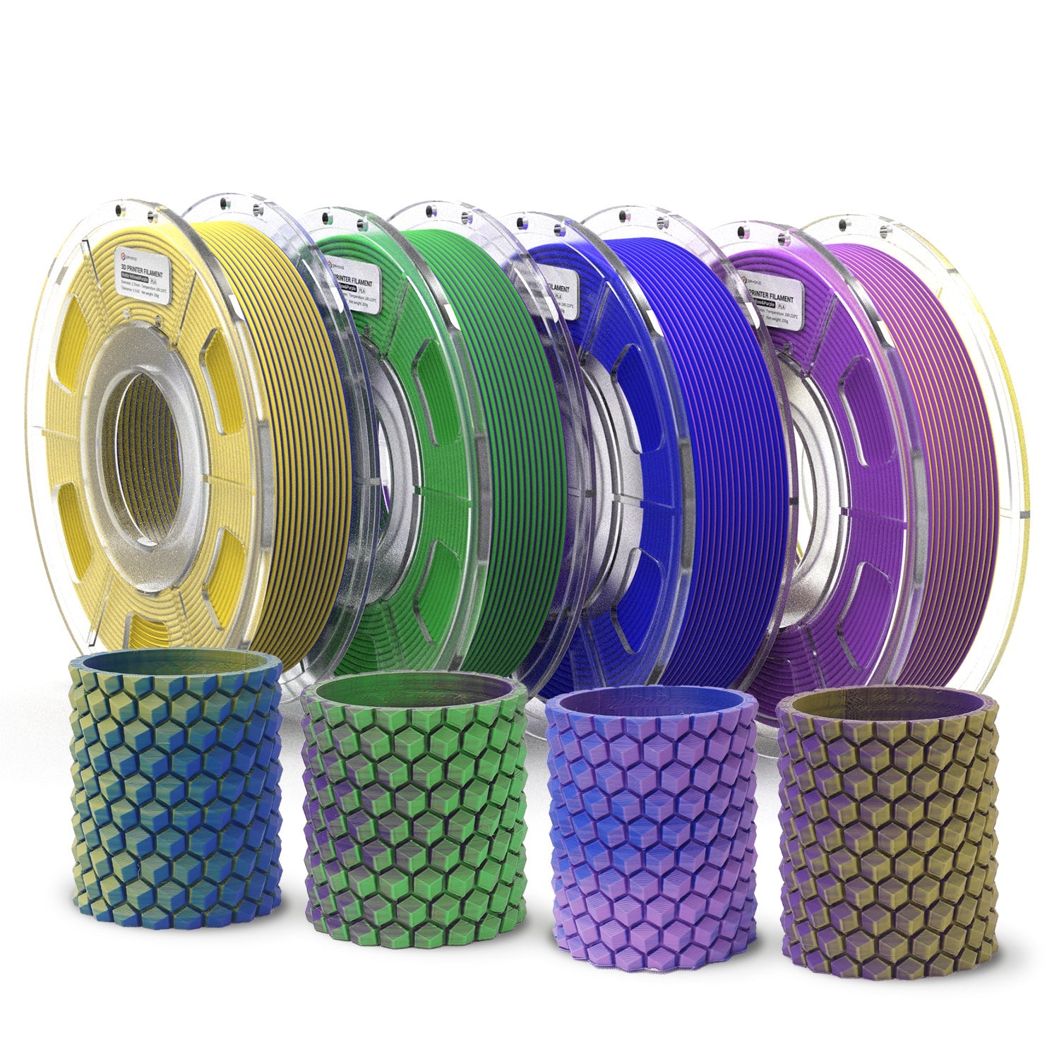 ERYONE 4 ROLLEN/250 g (insgesamt 1 kg/2,2 lbs) 1,75 mm mattes zweifarbiges PLA-Filament, Genauigkeit +/- 0,03 mm (Gelb & Lila; Blau & Gelb; Bule & Lila; Grün & Lila)