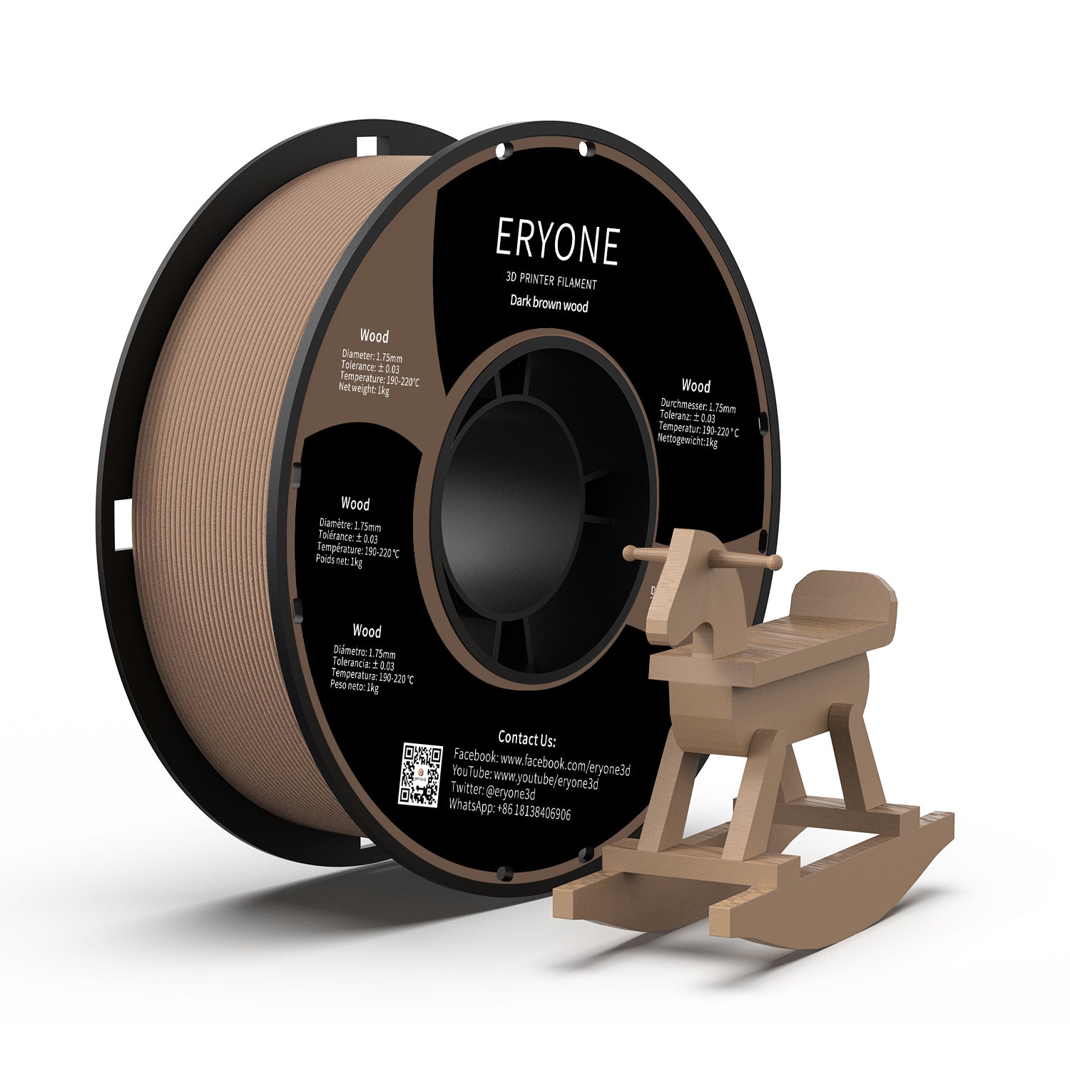 ERYONE Holz PLA Filament 1.75mm für FDM 3D Drucker, -0.03mm, 1kg