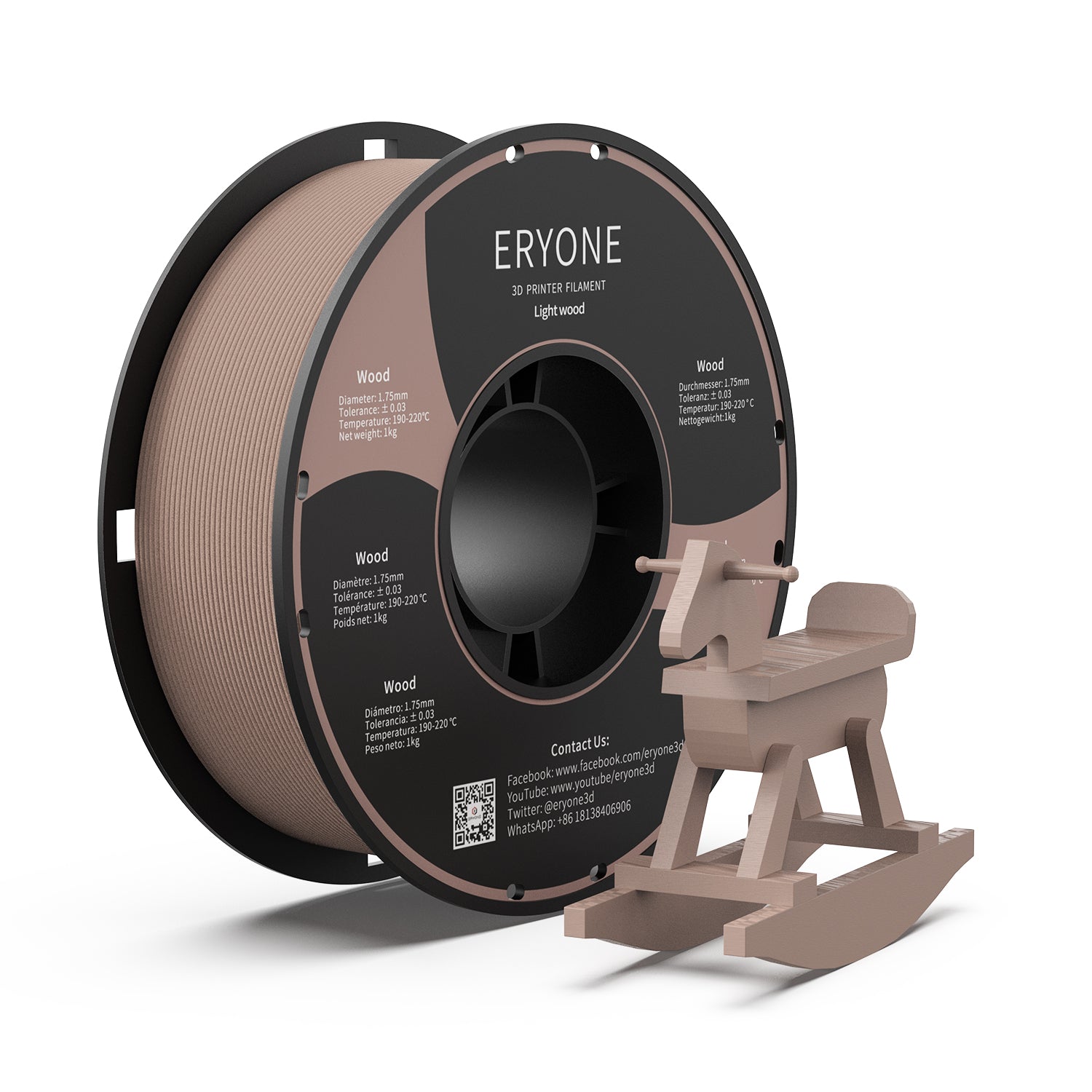 ERYONE Wood PLA Filament 1.75mm for FDM 3D Printer, -0.03mm, 1kg